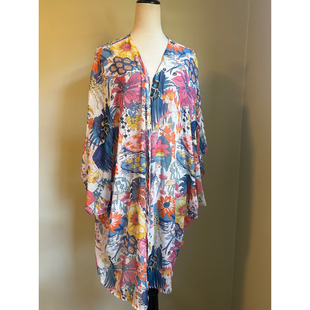 Boho Floral Tropical Kimono Wrap Cardigan Multi cover up blue lotus resort beach
